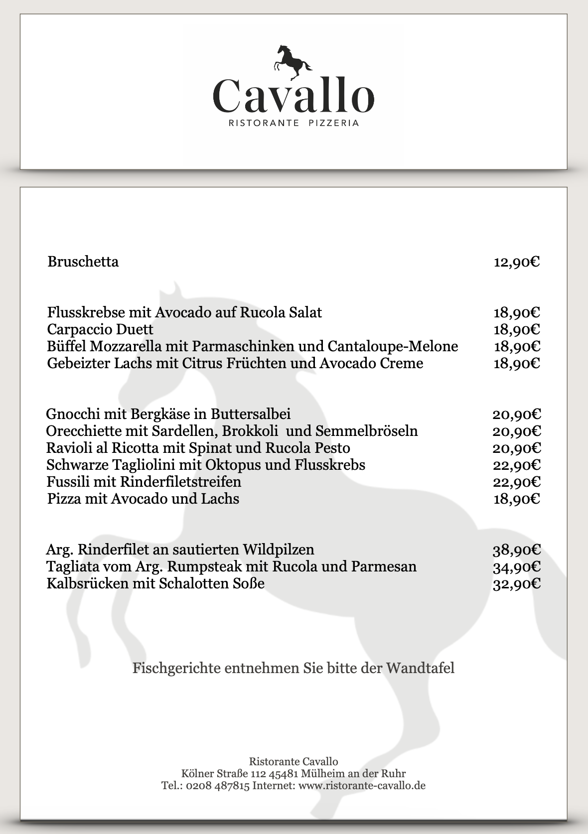 Ristorante Cavallo - hier is(s)t man - Speisekarte